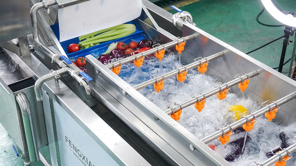 Spray washing system for fresh vegetables and cut produce Spray washing system for fresh vegetables and cut produce